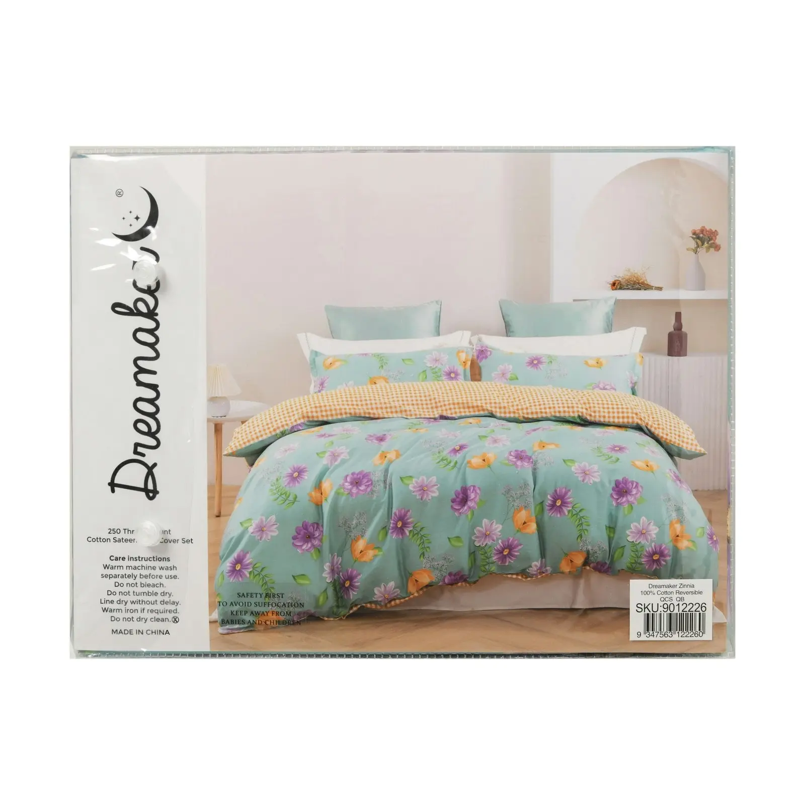 Dreamaker Zinnia 100% Cotton Reversible Quilt Cover Set Queen Bed