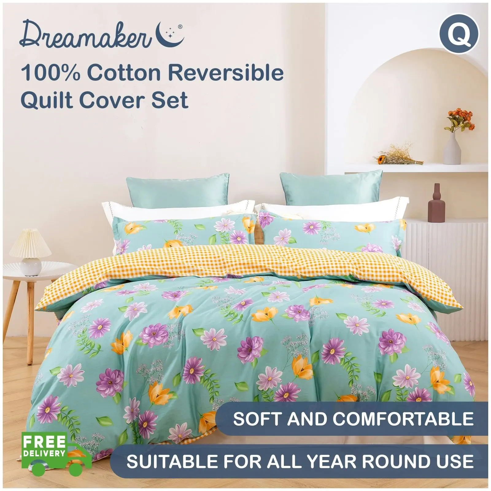 Dreamaker Zinnia 100% Cotton Reversible Quilt Cover Set Queen Bed