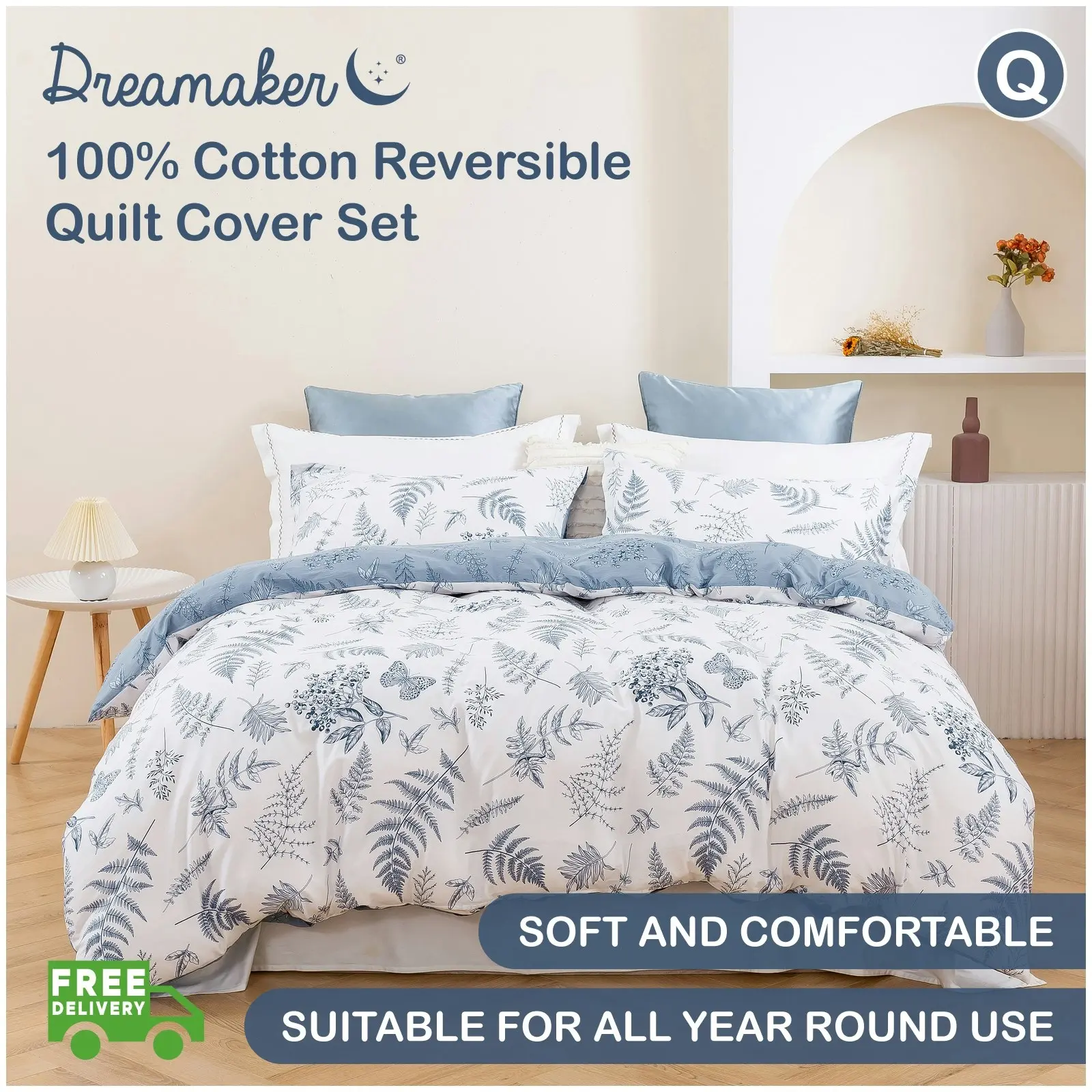 Dreamaker Daphne 100% Cotton Reversible Quilt Cover Set Queen Bed