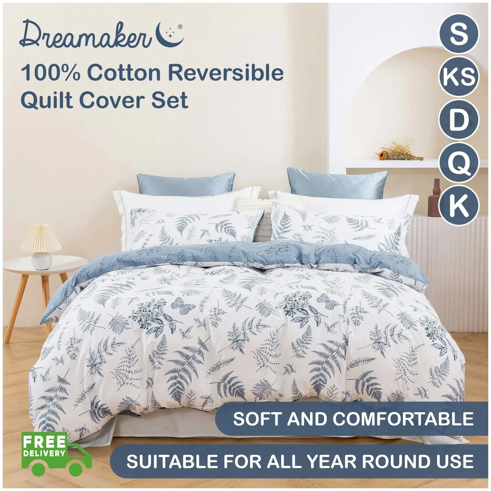 Dreamaker Daphne 100% Cotton Reversible Quilt Cover Set