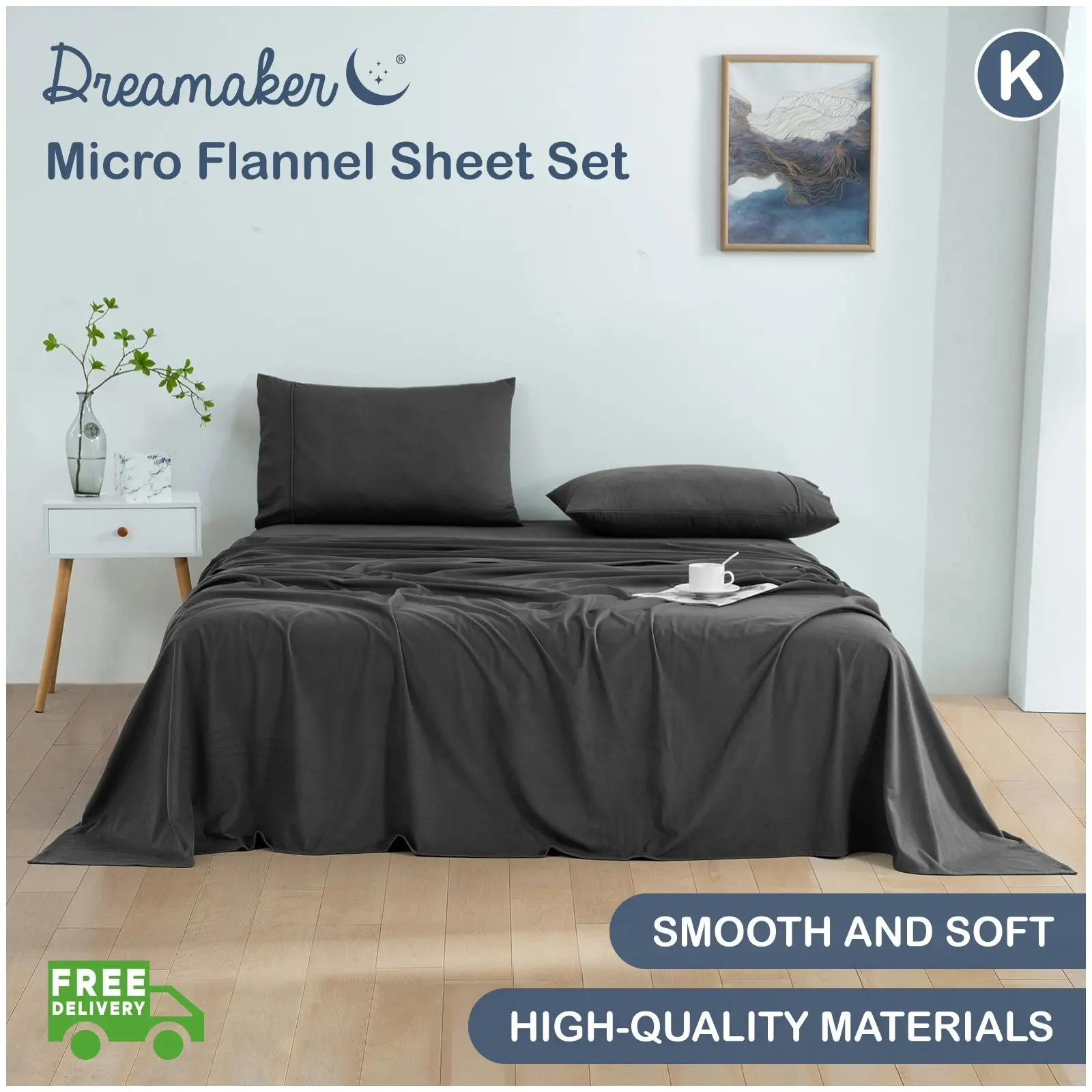 Dreamaker Micro Flannel Sheet Set King Bed Charcoal