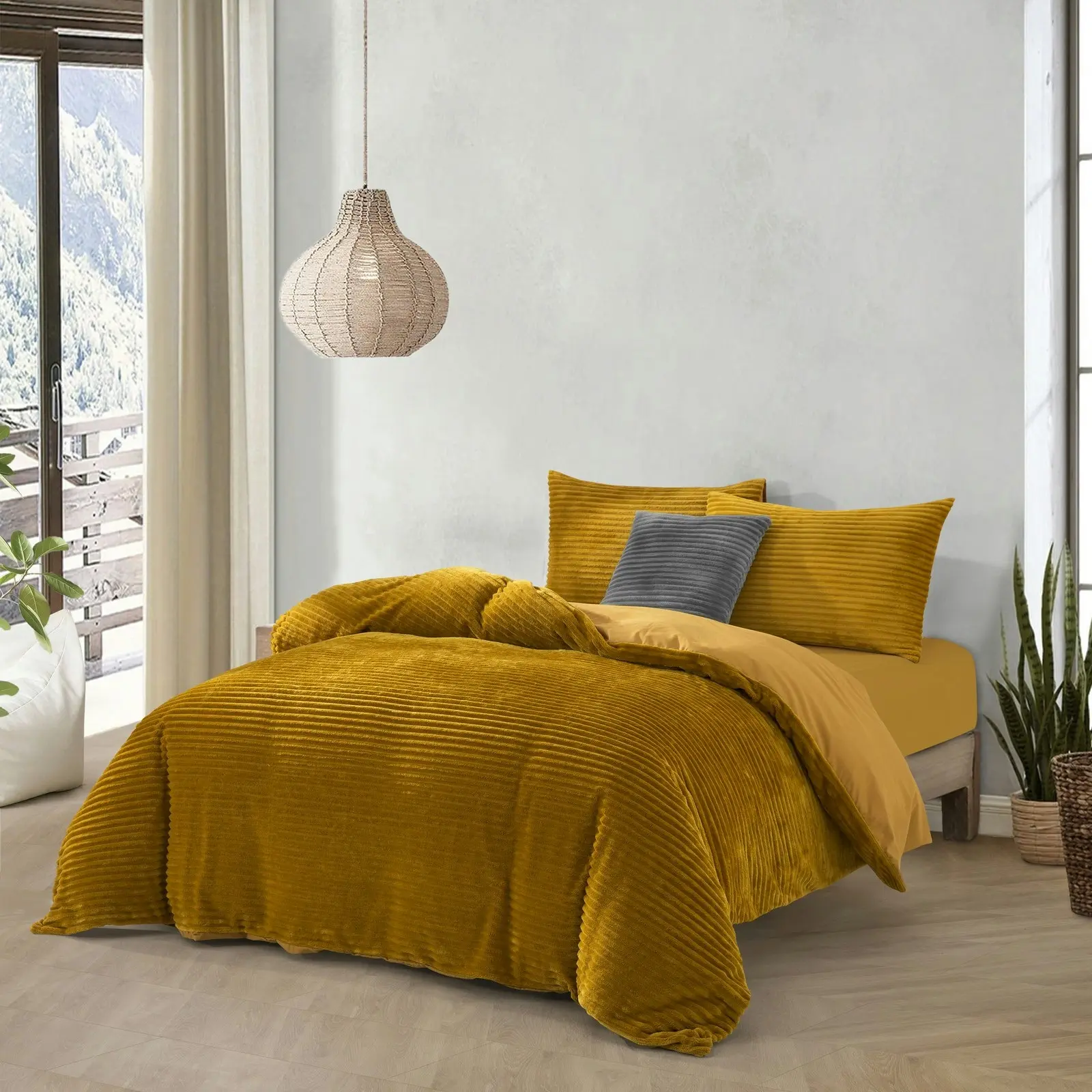 Dreamaker Embossed Teddy Fleece Quilt Cover Set Mustard Double Bed