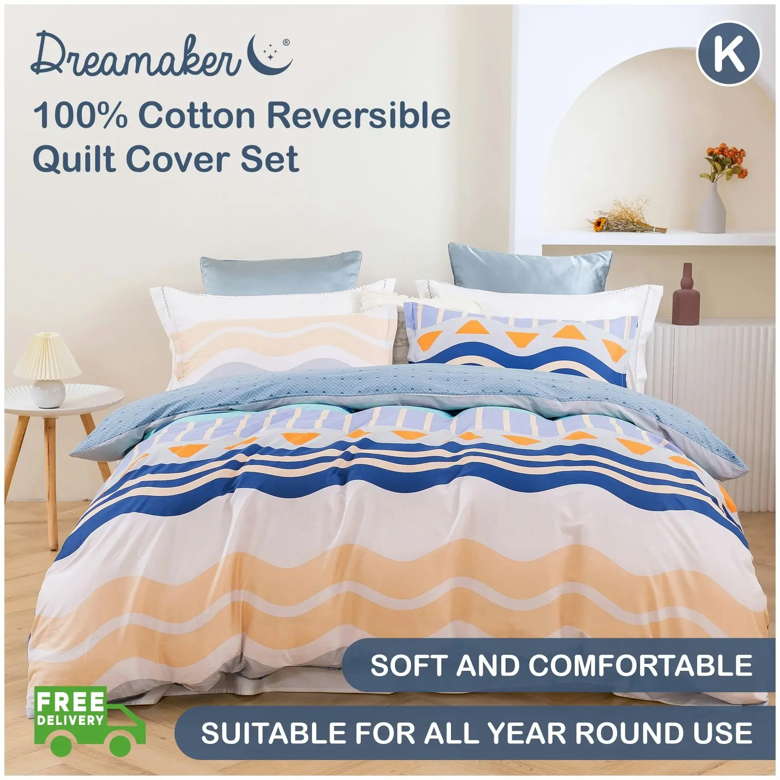 Dreamaker Capri 100% Cotton Reversible Quilt Cover Set King Bed