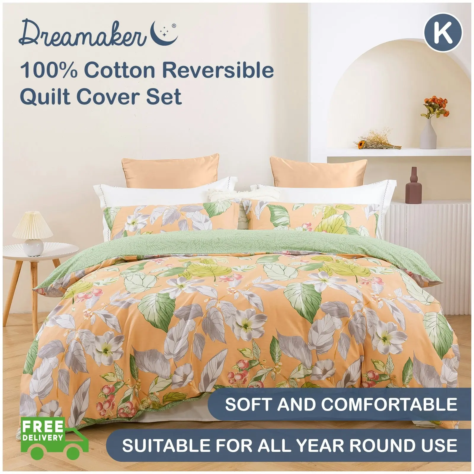 Dreamaker Peach Lily 100% Cotton Reversible Quilt Cover Set King Bed