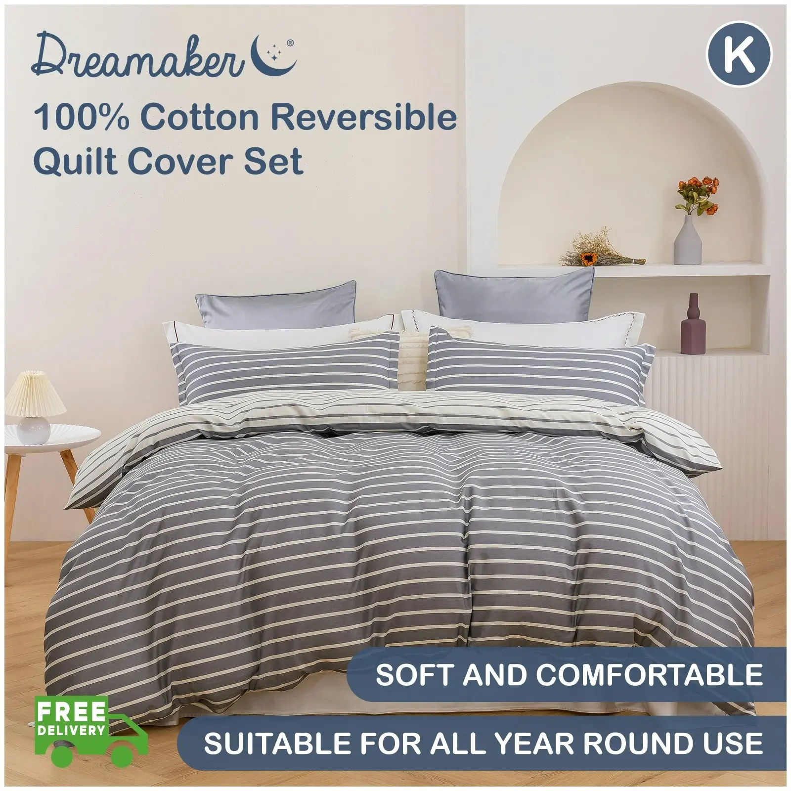 Dreamaker Miller Stripe 100% Cotton Reversible Quilt Cover Set King Bed Grey