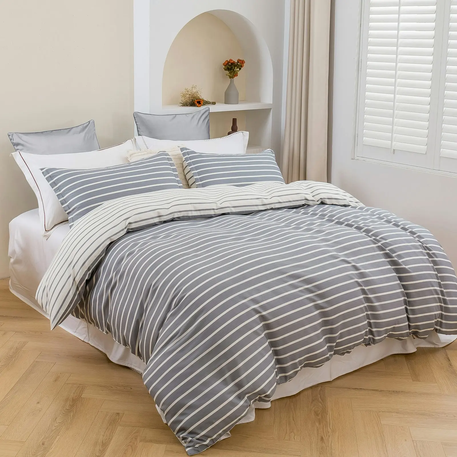 Dreamaker Miller Stripe 100% Cotton Reversible Quilt Cover Set King Bed Grey