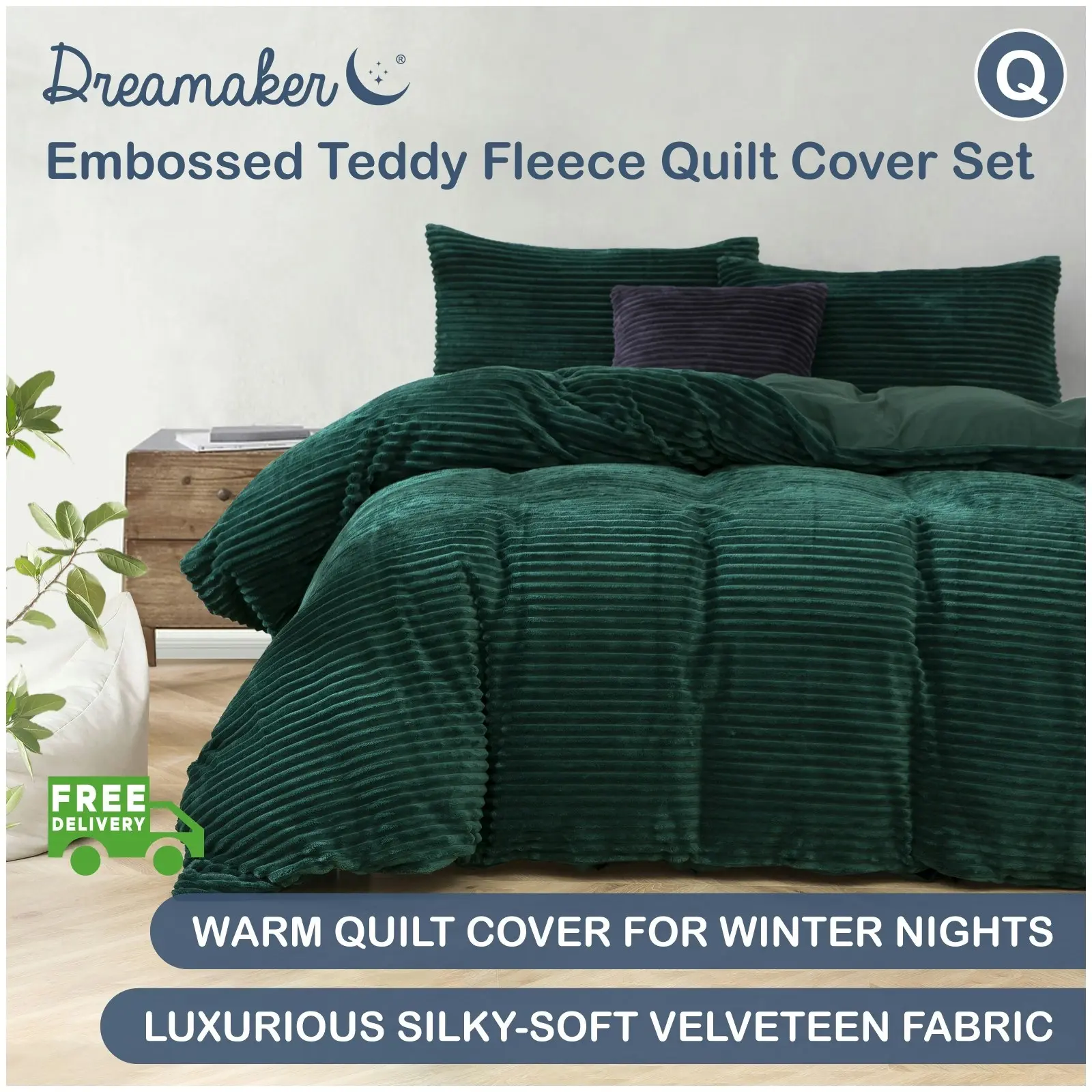 Dreamaker Embossed Teddy Fleece Quilt Cover Set Emerald Queen Bed