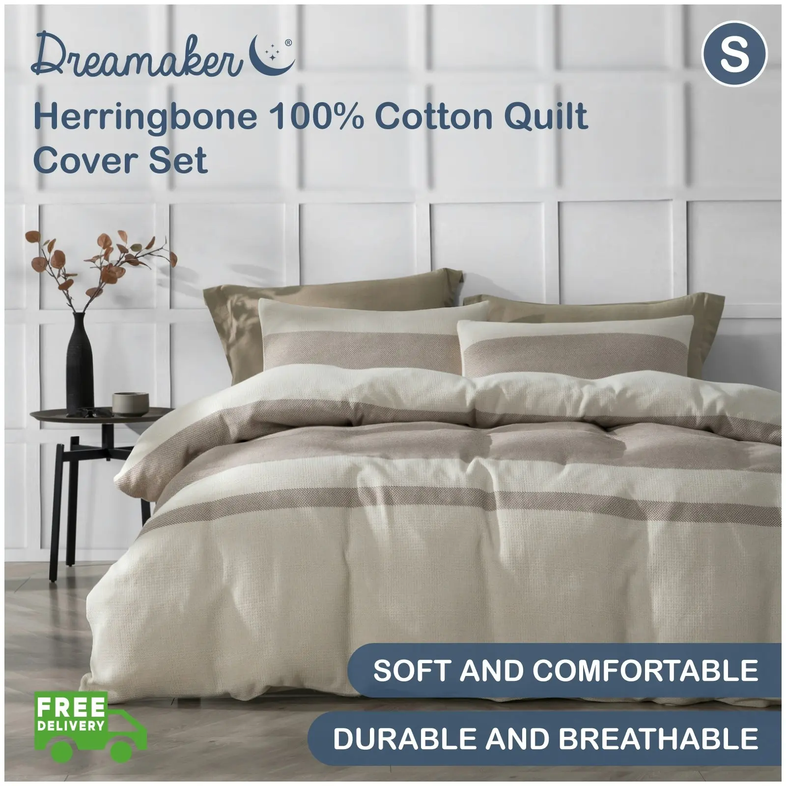 Dreamaker Herringbone 100% Cotton Quilt Cover Set Natural - Cream Single Bed