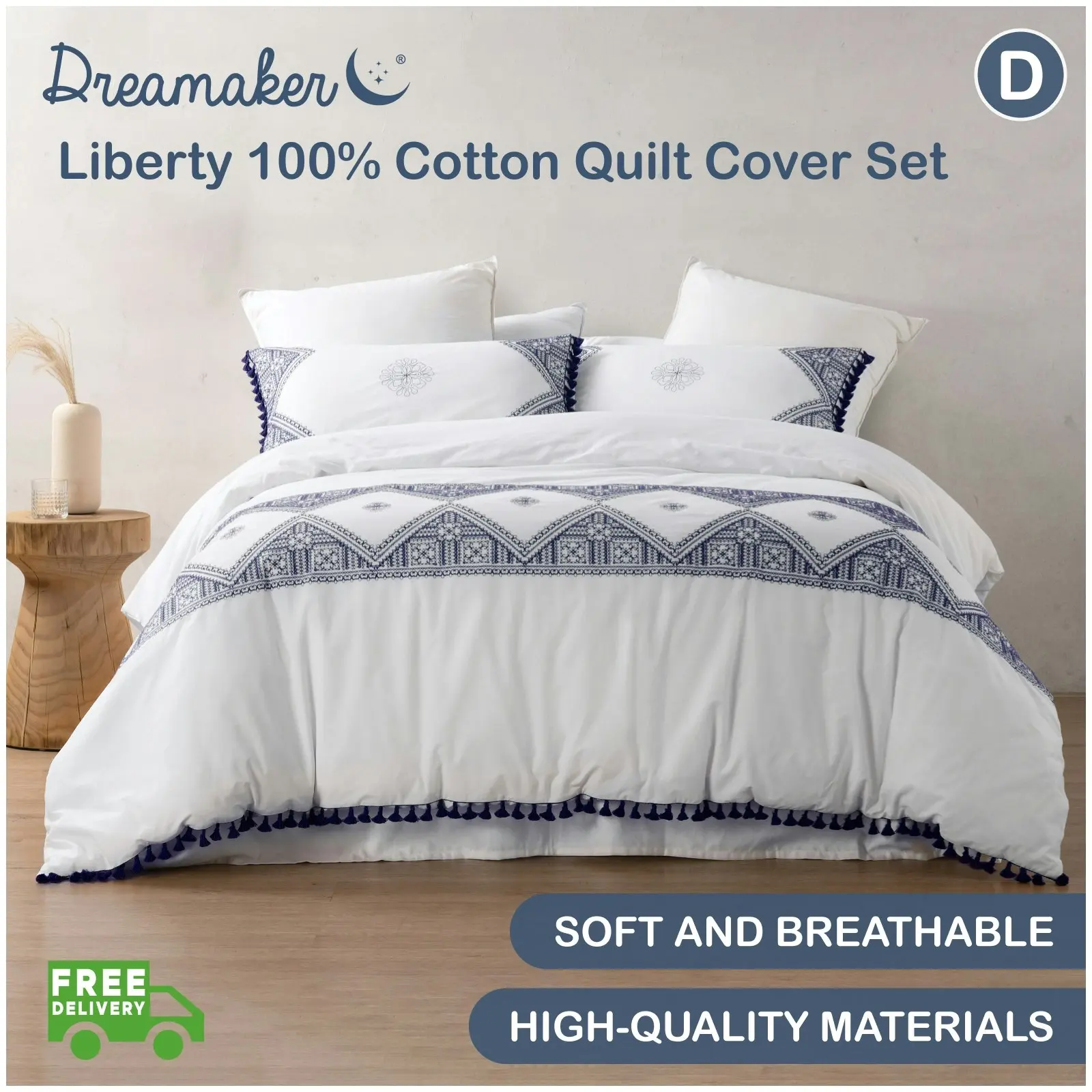 Dreamaker Liberty 100% Cotton Quilt Cover Set Navy Double Bed