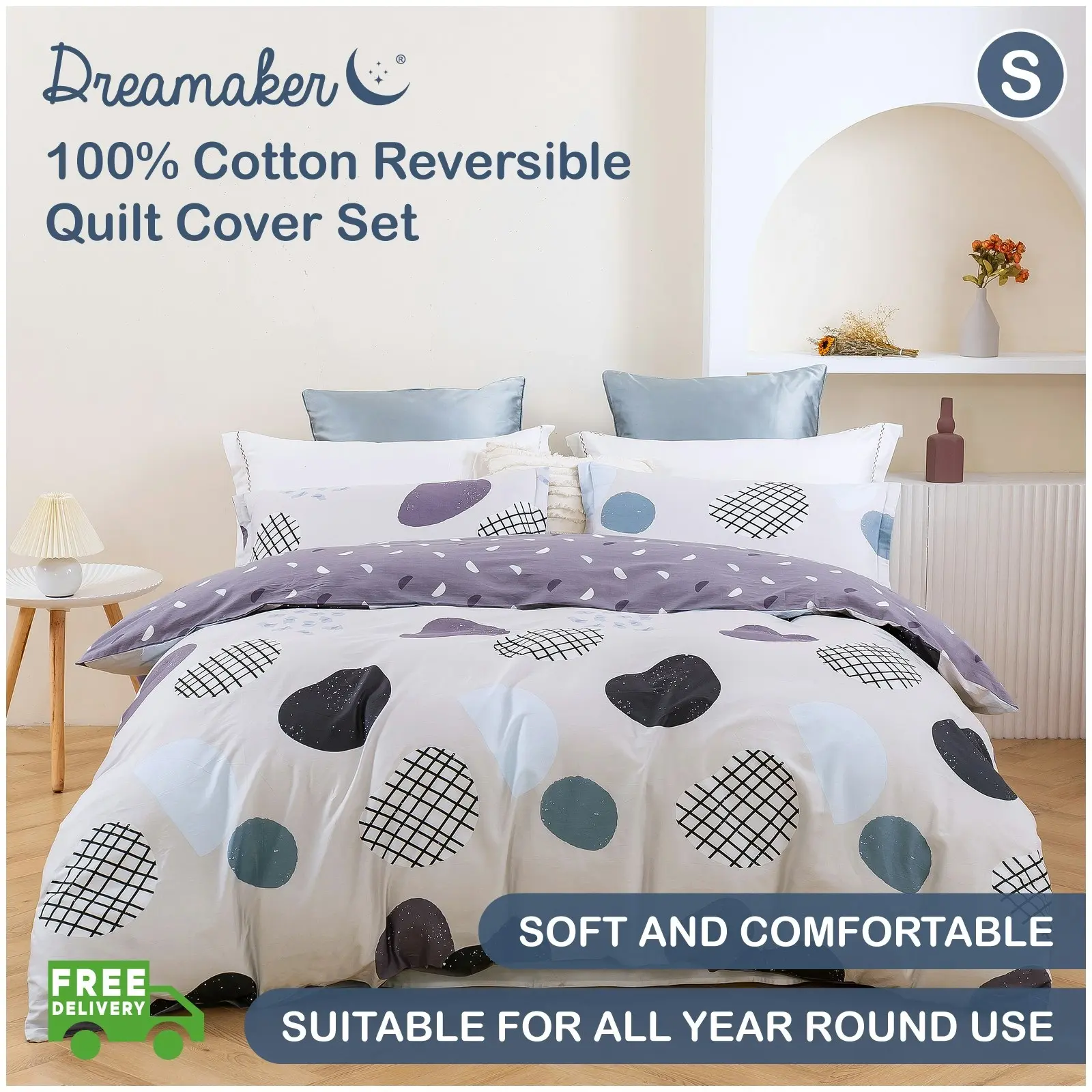 Dreamaker Orion 100% Cotton Reversible Quilt Cover Set Single Bed