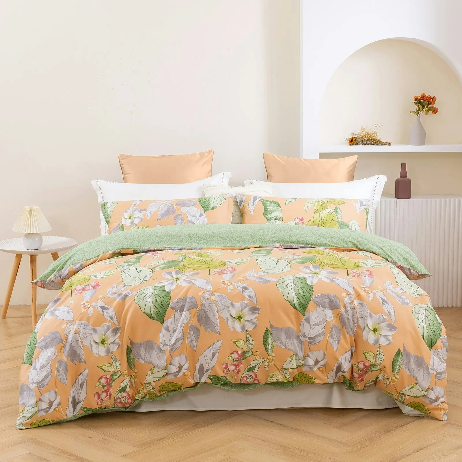 Dreamaker Peach Lily 100% Cotton Reversible Quilt Cover Set King Single Bed