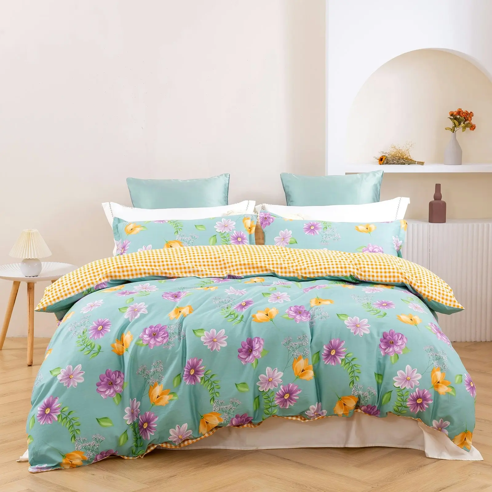 9012224 Dreamaker Zinnia 100% Cotton Reversible Quilt Cover Set King Single Bed