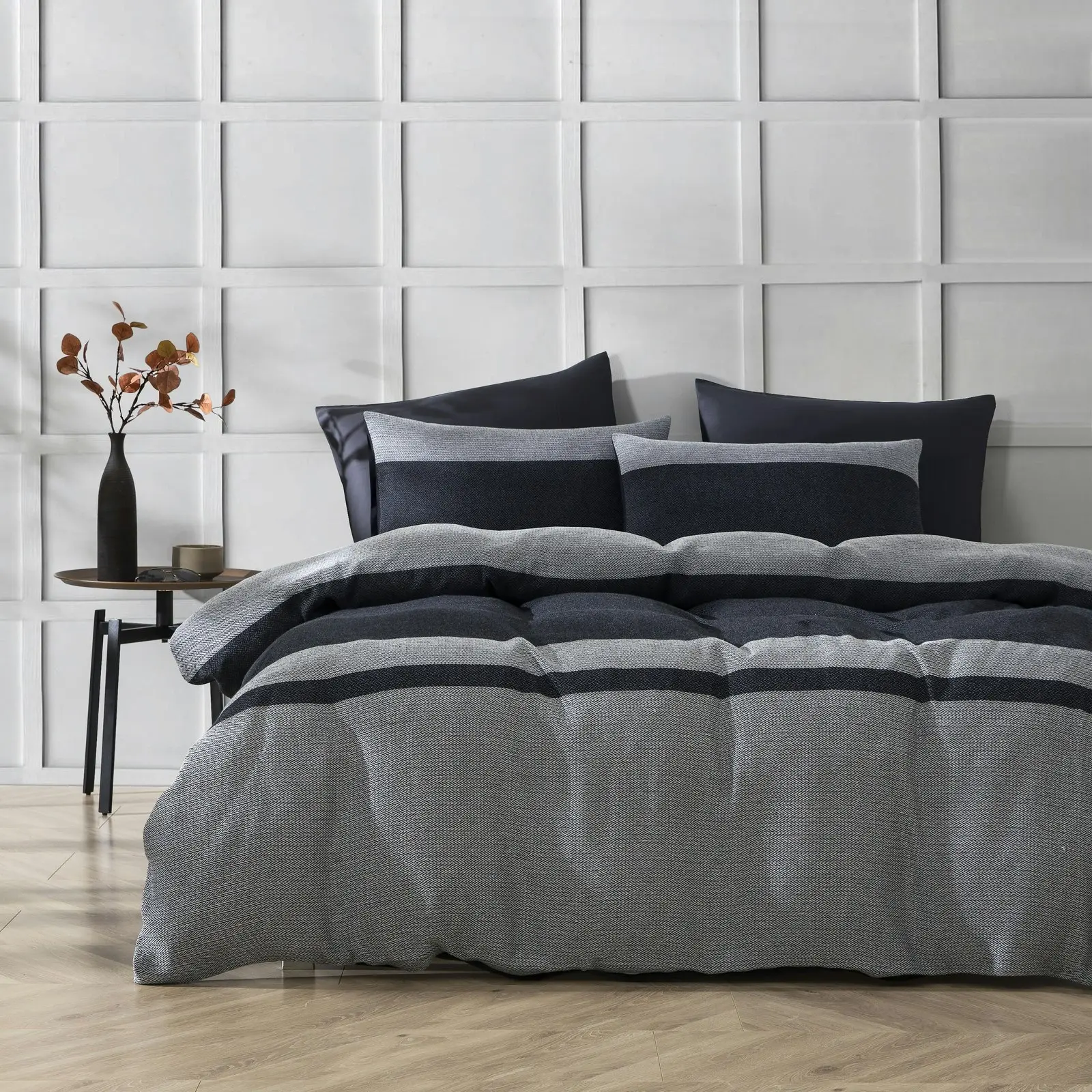 Dreamaker Herringbone 100% Cotton Quilt Cover Set Charcoal Grey Double Bed