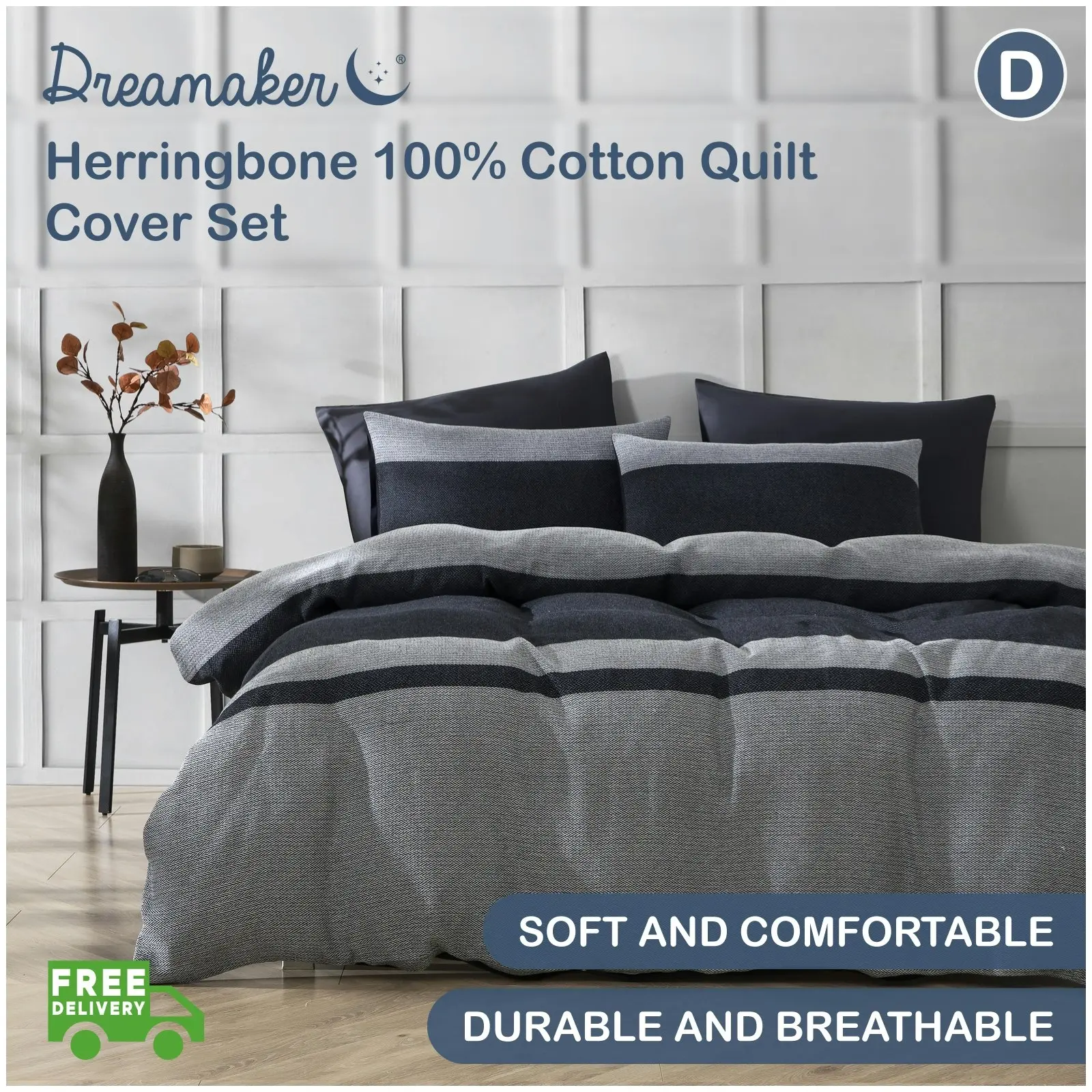 Dreamaker Herringbone 100% Cotton Quilt Cover Set Charcoal Grey Double Bed