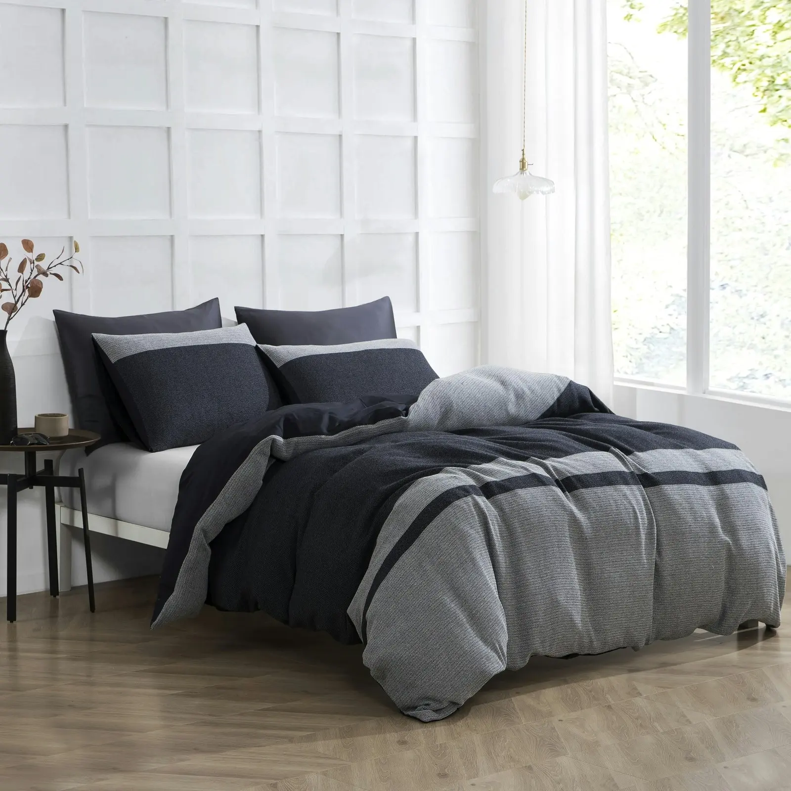 Dreamaker Herringbone 100% Cotton Quilt Cover Set Charcoal Grey Double Bed