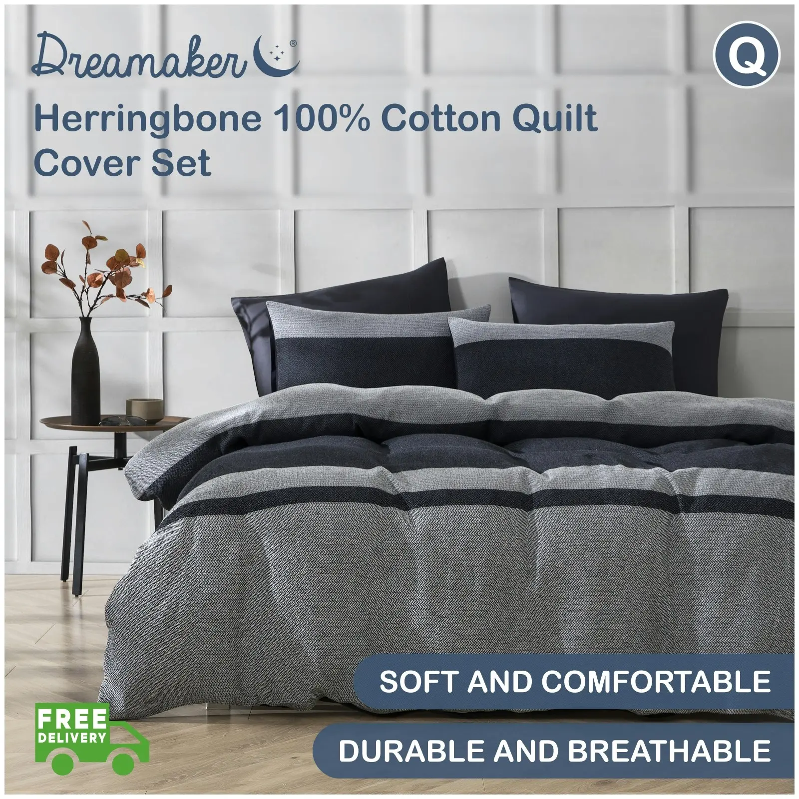 Dreamaker Herringbone 100% Cotton Quilt Cover Set Charcoal Grey Queen Bed