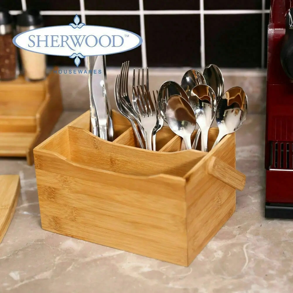 Sherwood Home Bamboo Cutlery Caddy Natural Brown Holds Knife/Fork/Spoon and Napkin/Serviette