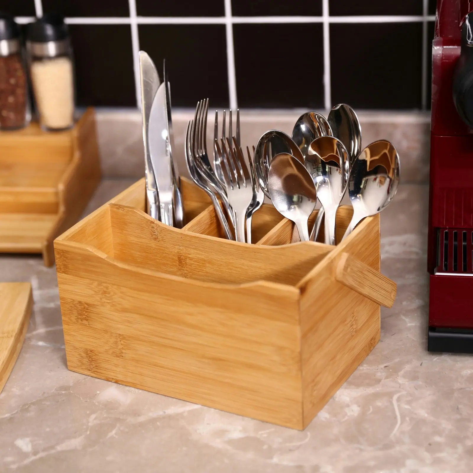 Sherwood Home Bamboo Cutlery Caddy Natural Brown Holds Knife/Fork/Spoon and Napkin/Serviette