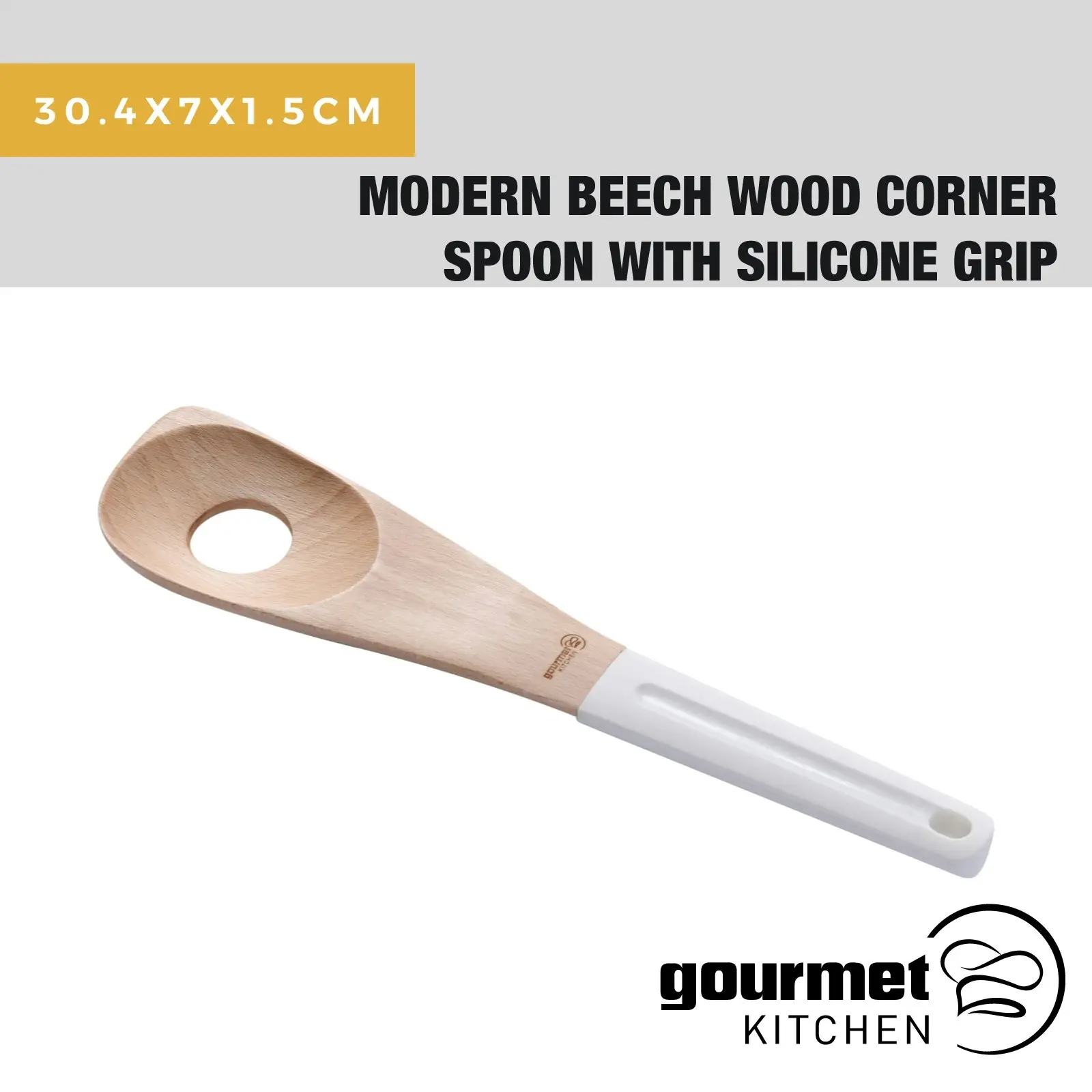 Gourmet Kitchen Modern Beech Wood Corner Spoon with Silicone Grip White 30.4x7x1.5cm