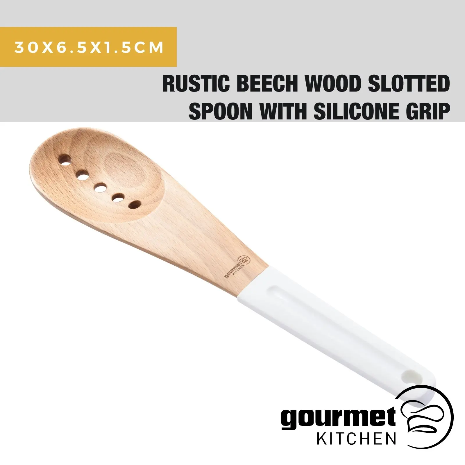 Gourmet Kitchen Rustic Beech Wood Slotted Spoon with Silicone Grip White 30x6.5x1.5cm