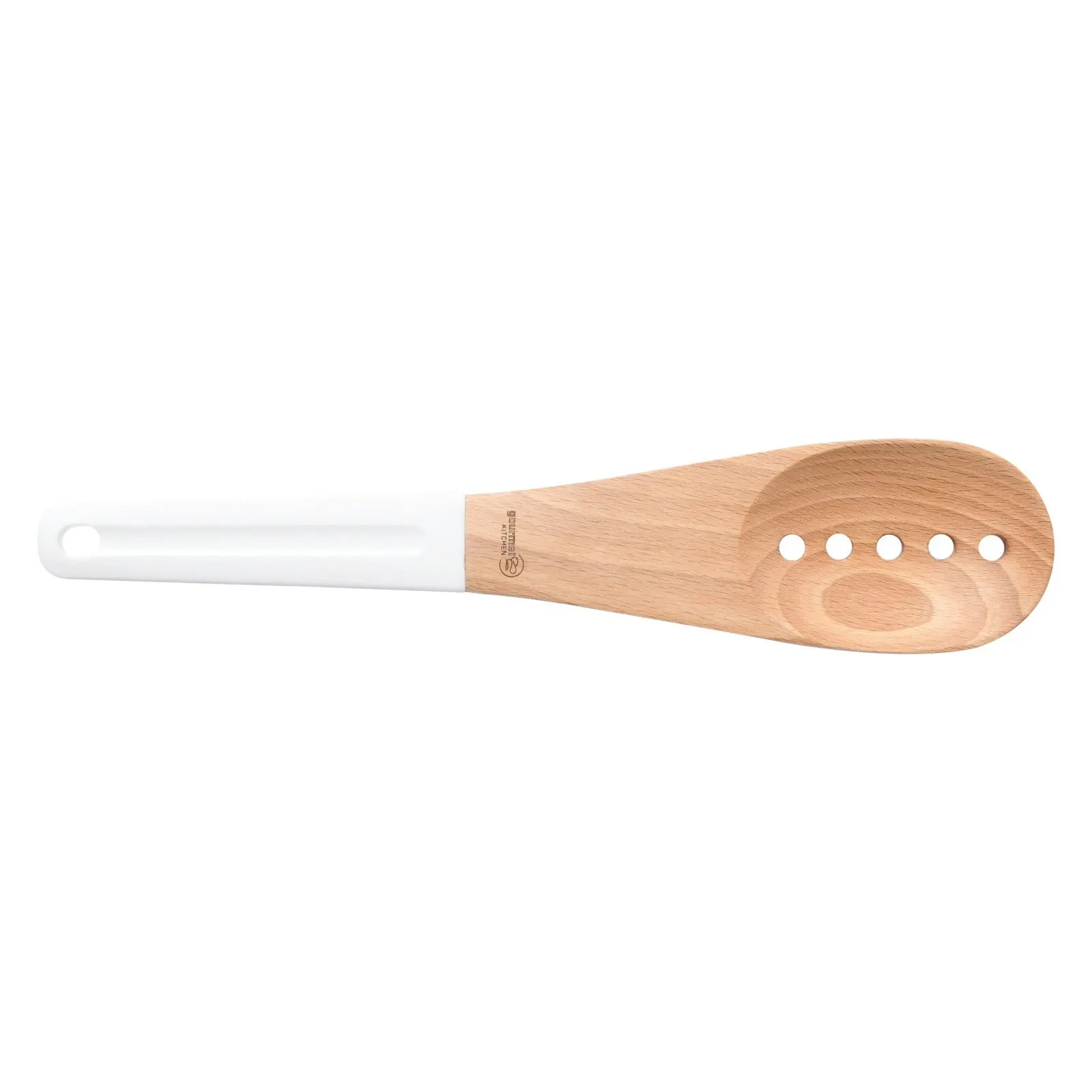 Gourmet Kitchen Rustic Beech Wood Slotted Spoon with Silicone Grip White 30x6.5x1.5cm