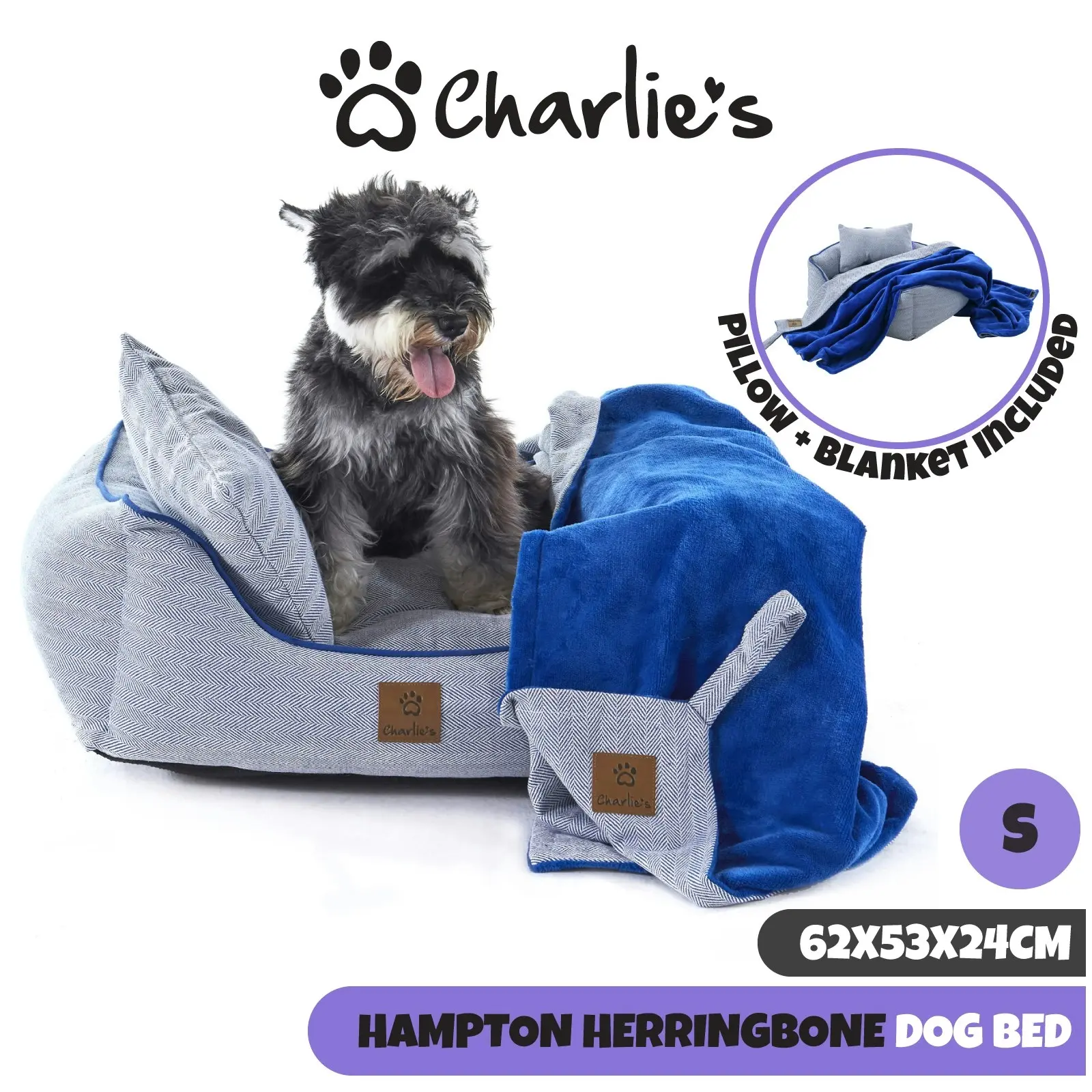 Charlie's Hampton Herringbone 3pc Dog Bed Blue Small