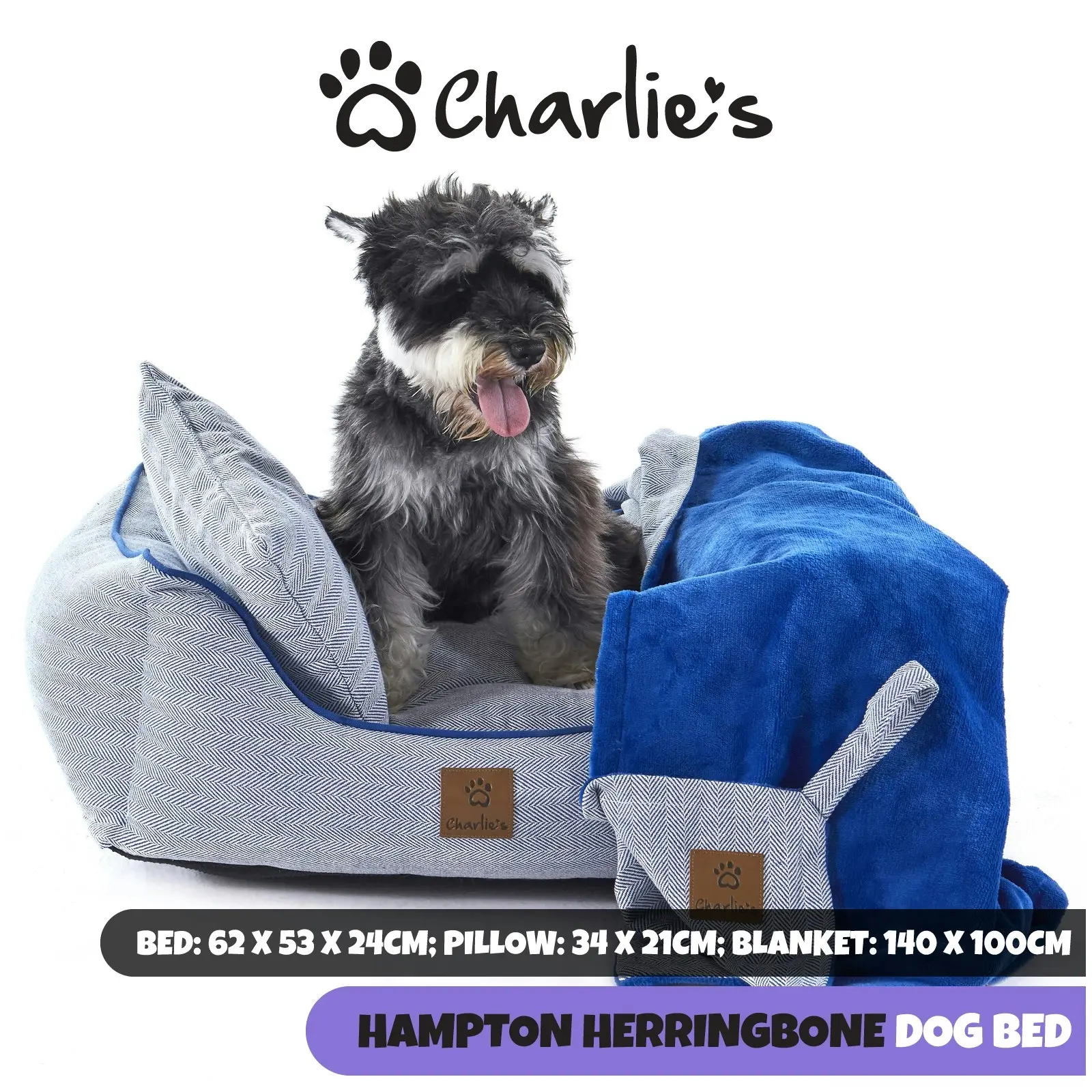 Charlie's Hampton Herringbone 3pc Dog Bed Blue Small