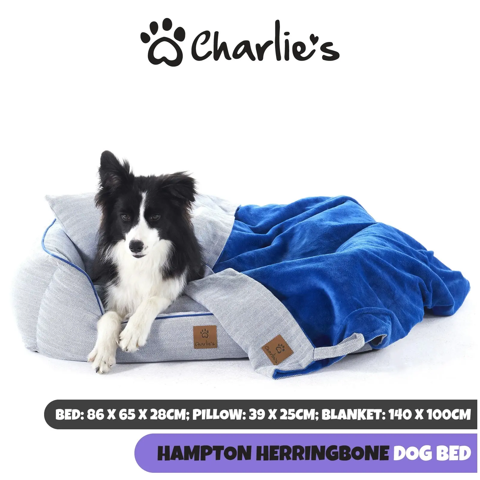 Charlie's Hampton Herringbone 3pc Dog Bed Blue