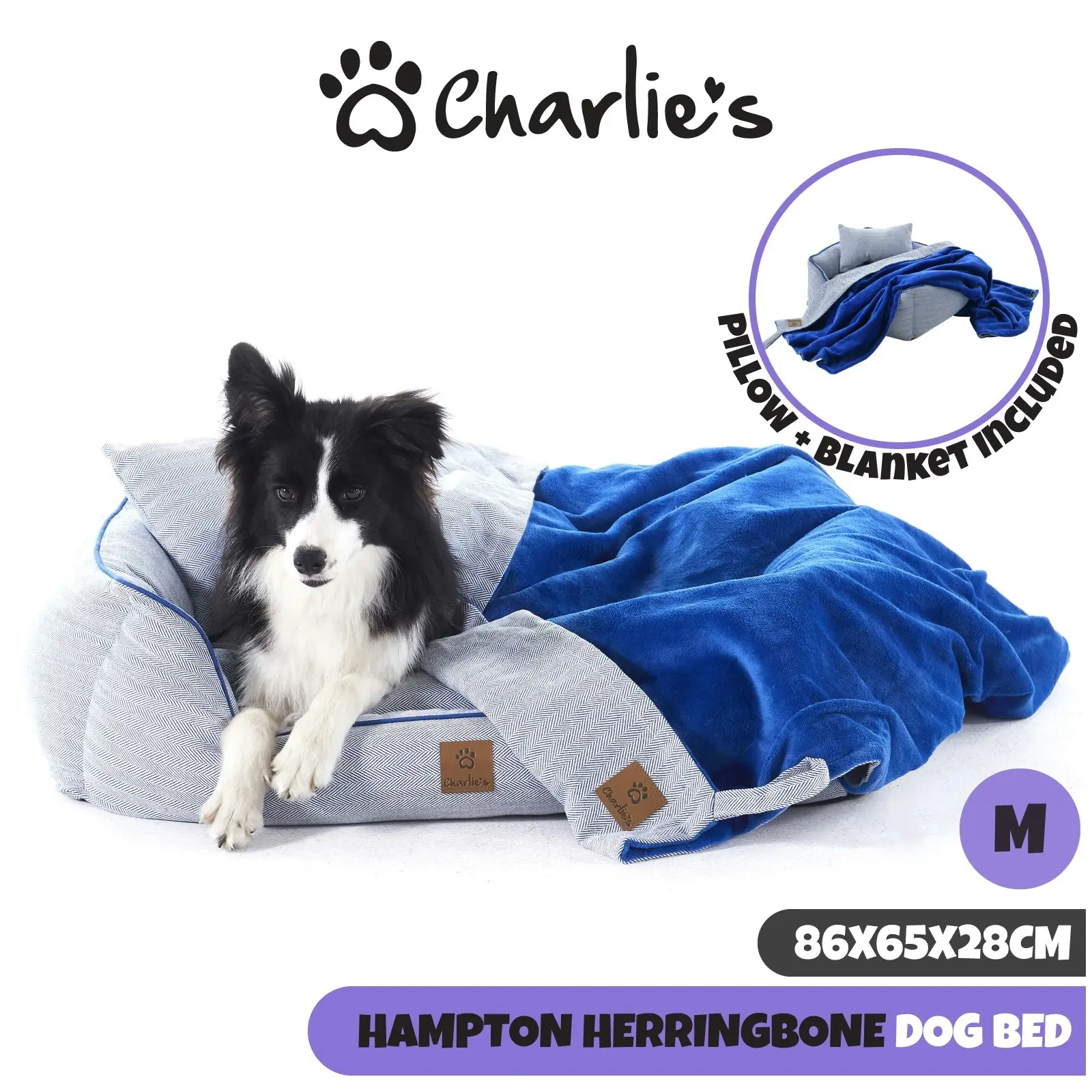 Charlie's Hampton Herringbone 3pc Dog Bed Blue