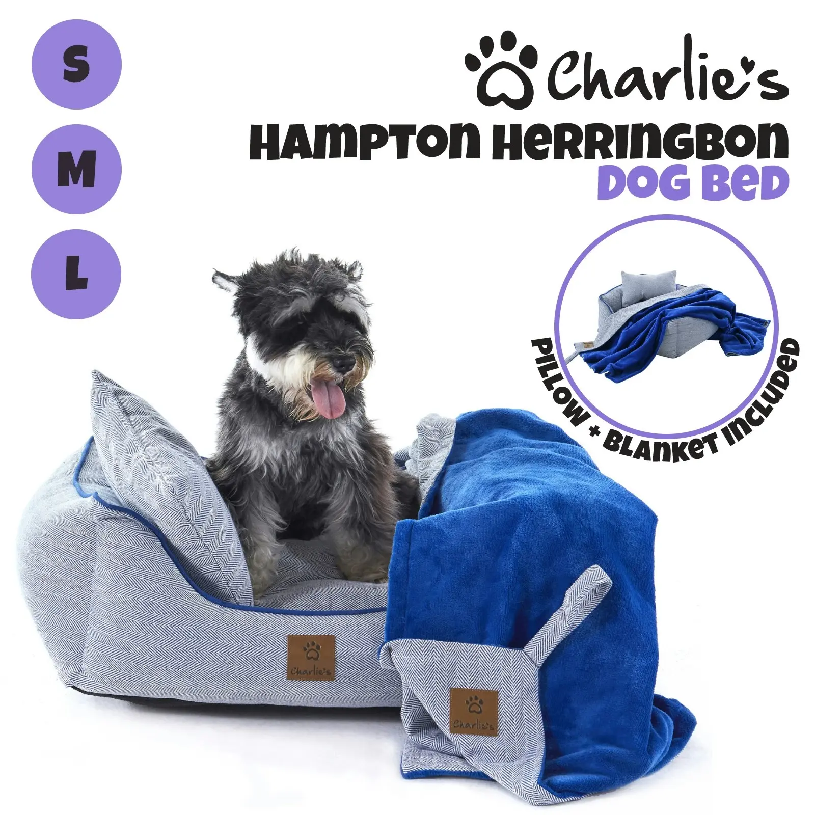 Charlie's Hampton Herringbone 3pc Dog Bed Blue