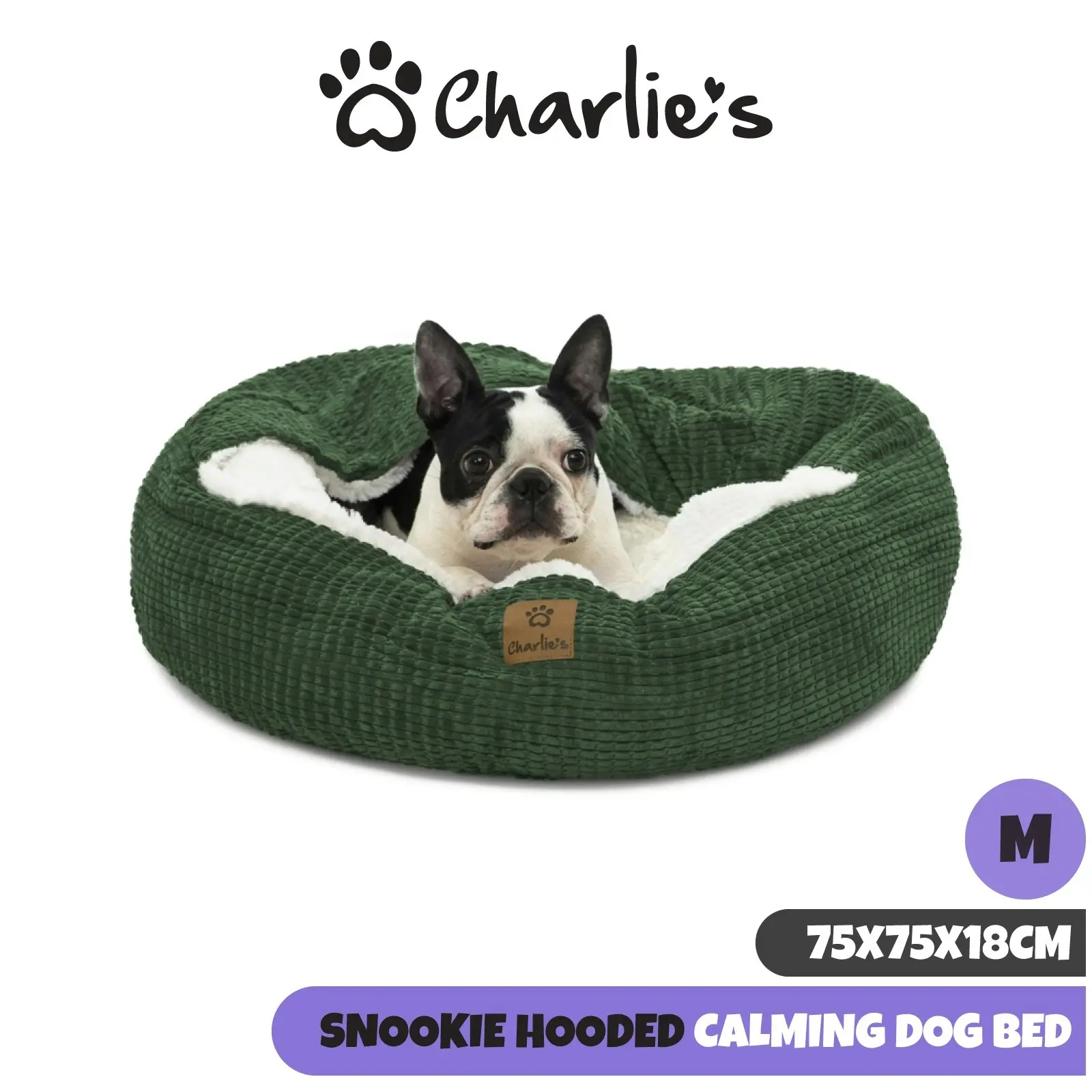 Charlie's Snookie Hooded Calming Dog Bed Eden Green Medium