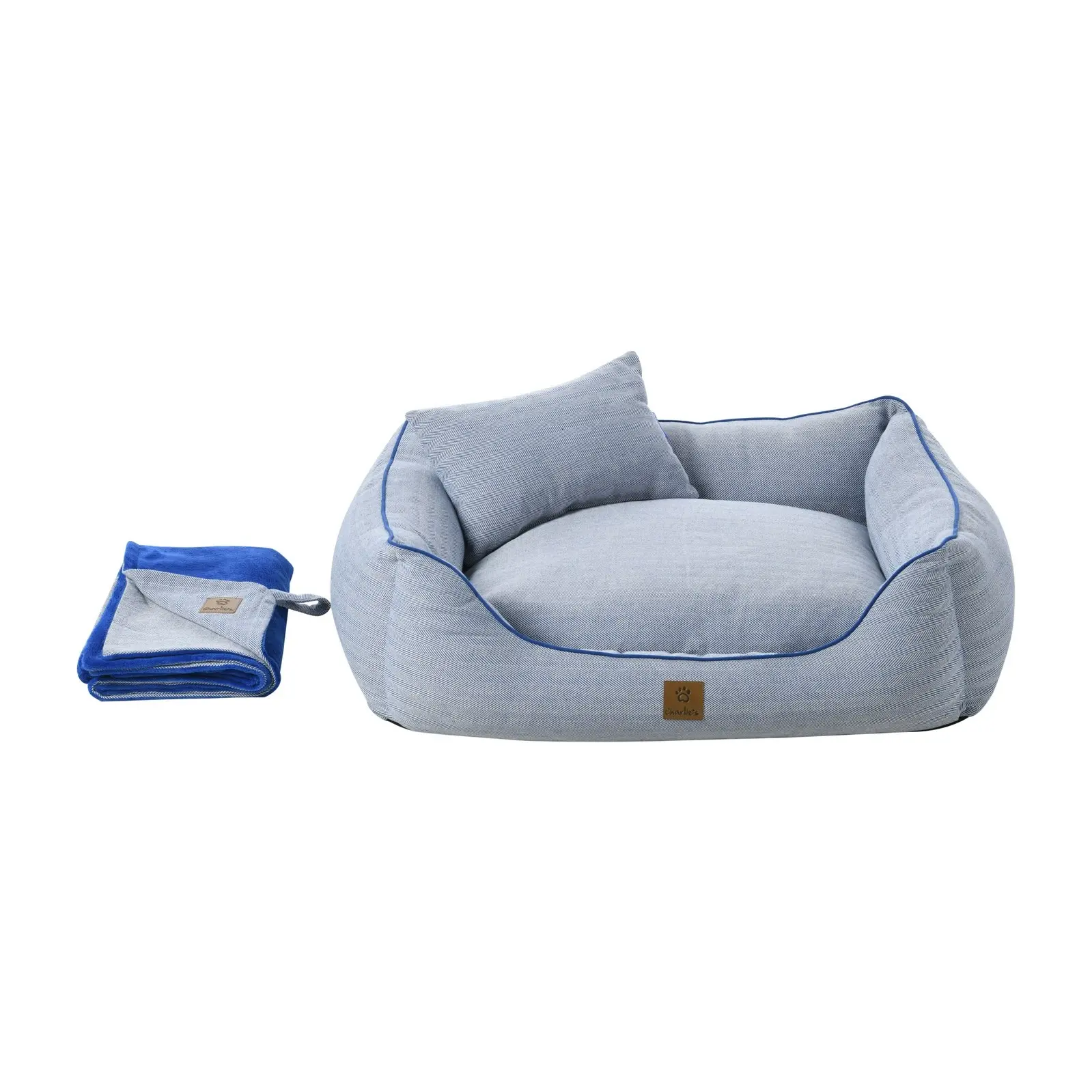 Charlie's Hampton Herringbone 3pc Dog Bed Blue Medium