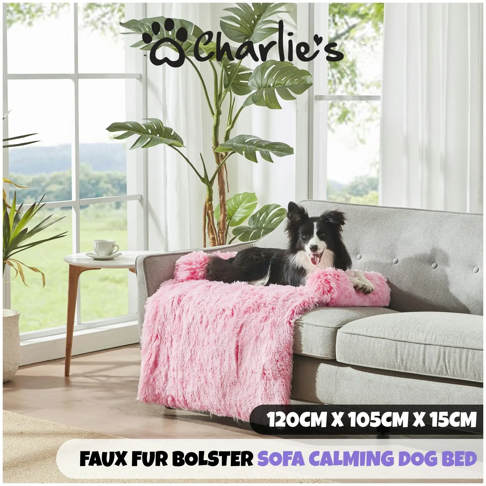 Charlie's Shaggy Faux Fur Bolster Sofa Protector Calming Dog Bed Ombre Pink XX-Large