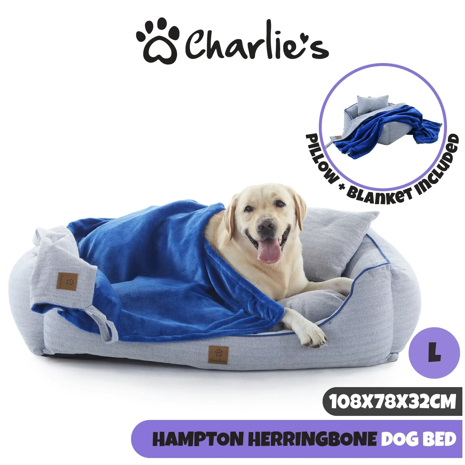 Charlie's Hampton Herringbone 3pc Dog Bed Blue Large