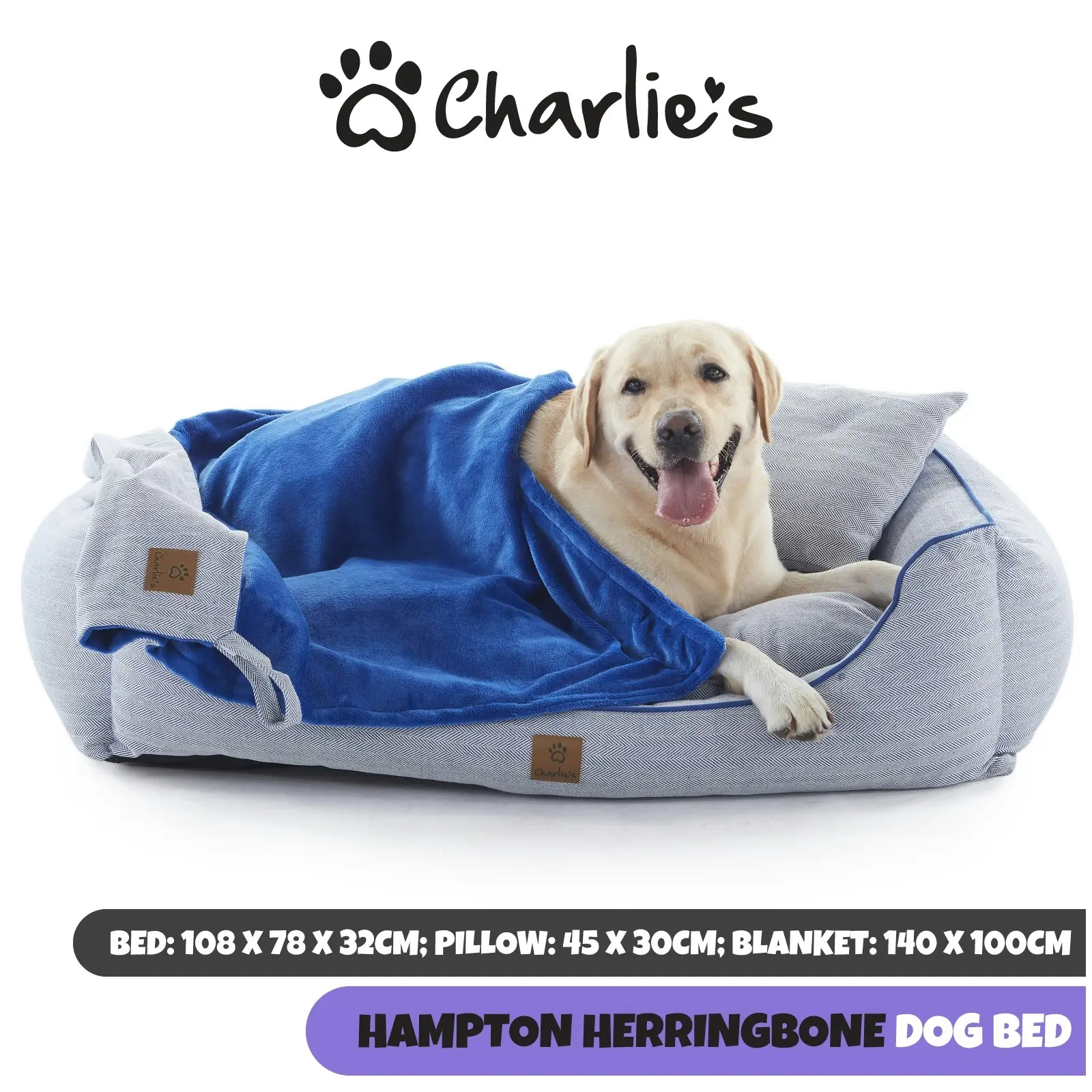 Charlie's Hampton Herringbone 3pc Dog Bed Blue Large