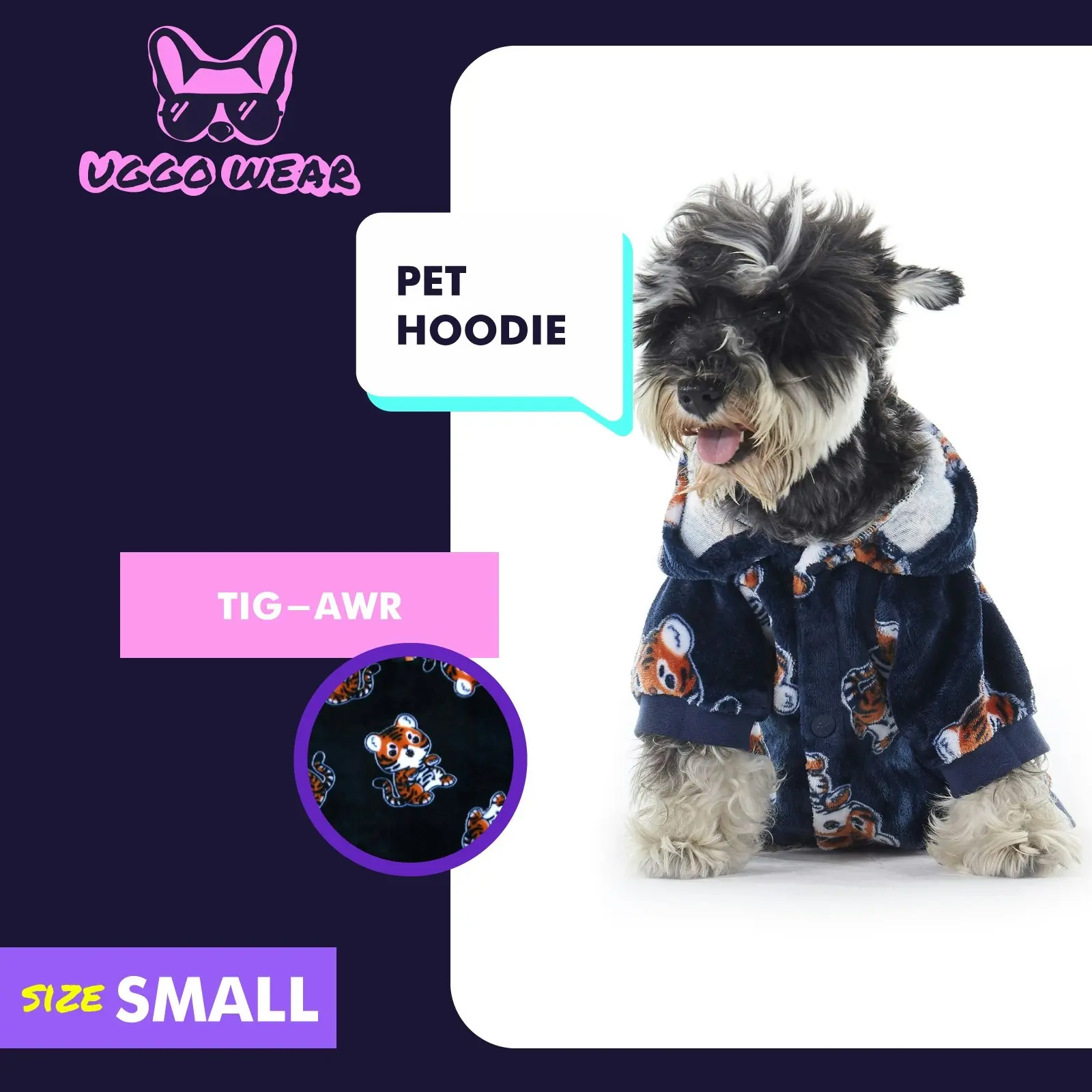 Charlie's Uggo Tig-AWR Dog Hoodie Navy Small