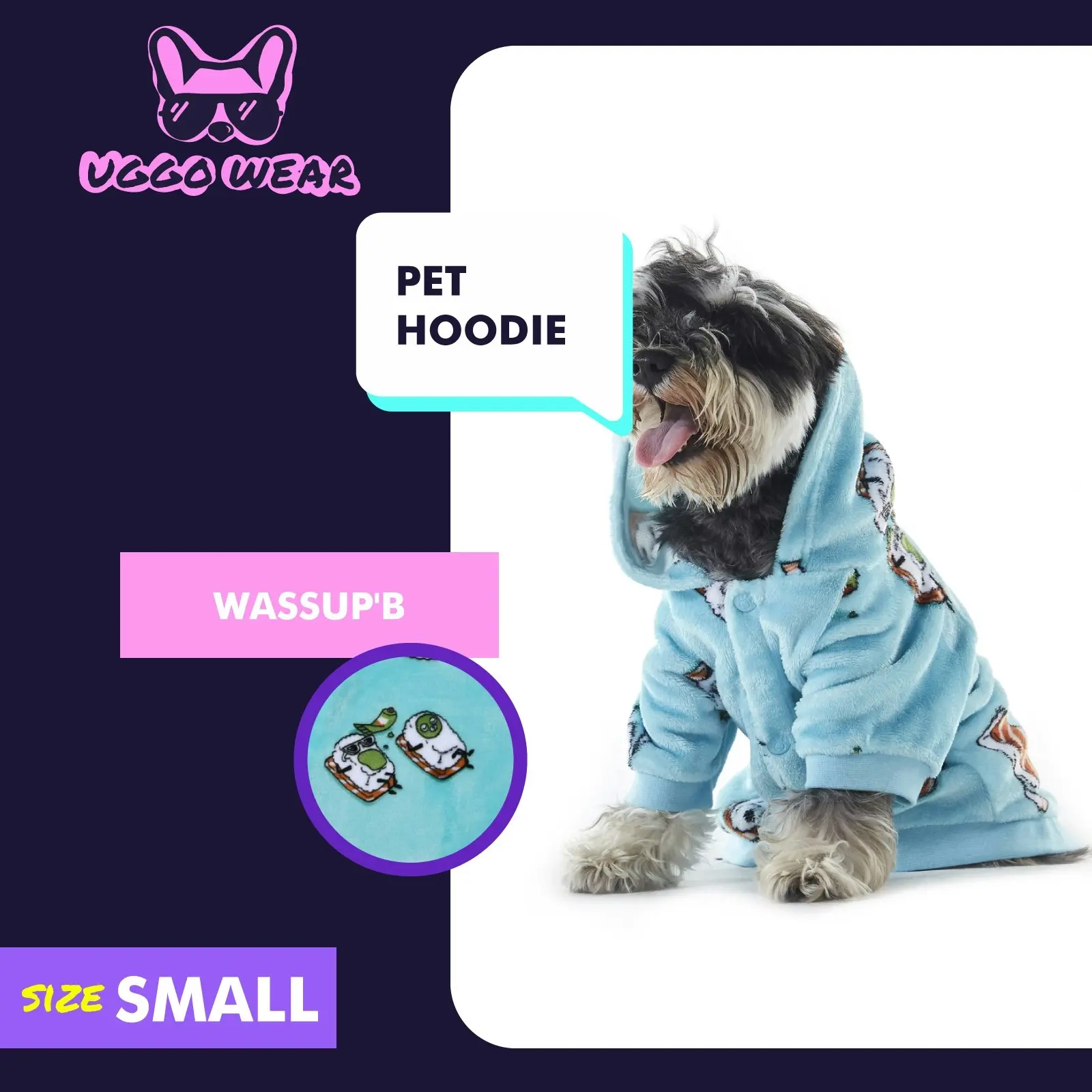 Charlie's Uggo Wassup'b Dog Hoodie Teal Small