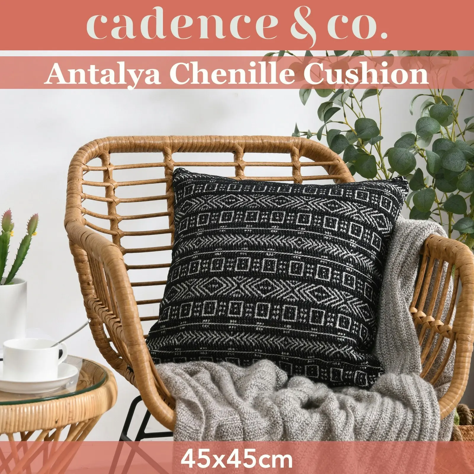 Cadence & Co. Antalya Chenille Cushion Black 45x45cm