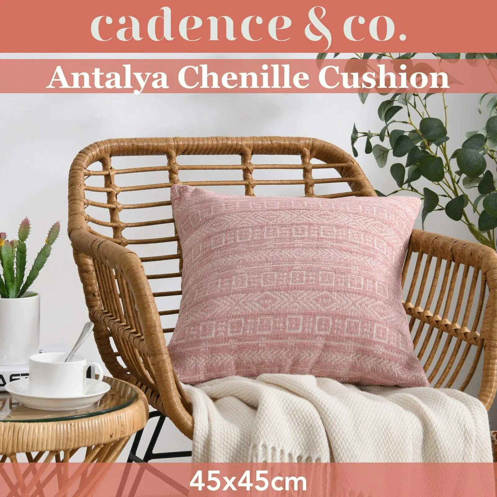 Cadence & Co. Antalya Chenille Cushion Pink 45x45cm