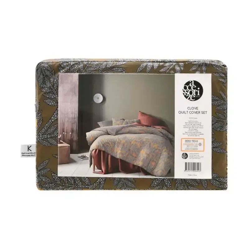 Accessorize Clove Washed Cotton Printed Quilt Cover Set