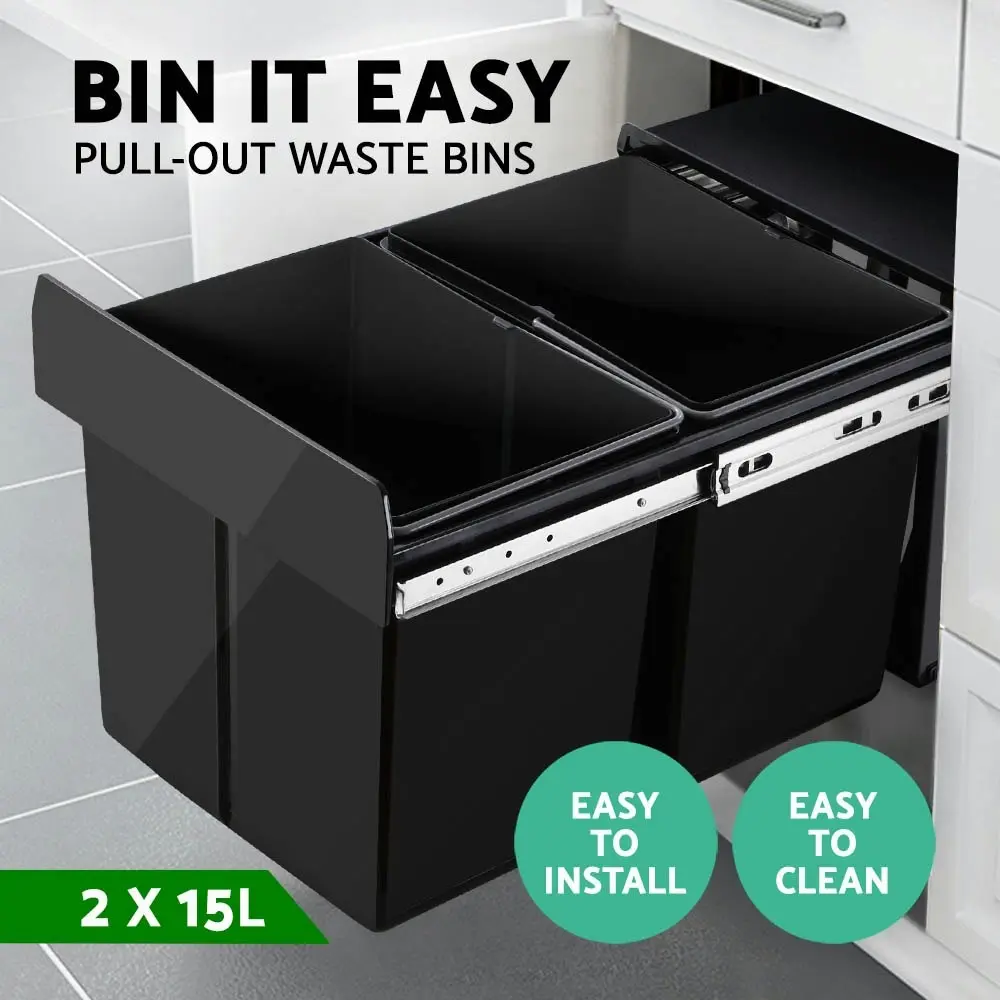 Cefito Pull Out Bin Kitchen Double Basket 2X15L Black