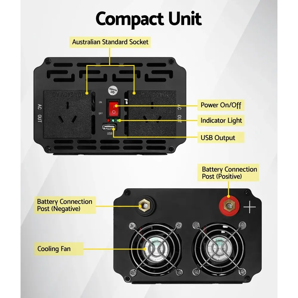 Giantz Power Inverter 1000W/2000W 12V to 240V Pure Sine Wave Camping Car Boat