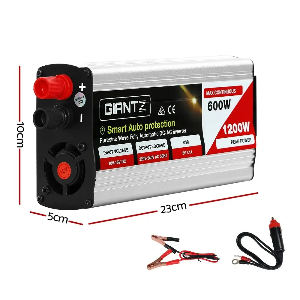 Giantz Power Inverter 600W/1200W 12V to 240V Pure Sine Wave Camping Car Boat