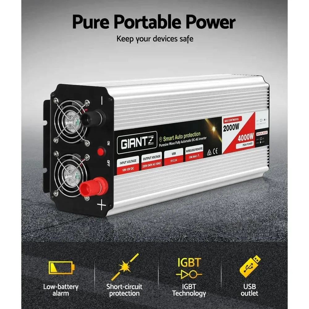 Giantz Power Inverter 2000W/4000W 12V to 240V Pure Sine Wave Camping Car Boat