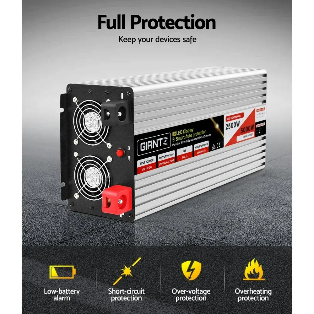 Giantz Power Inverter 2500W/5000W 12V to 240V Pure Sine Wave Camping Car Boat