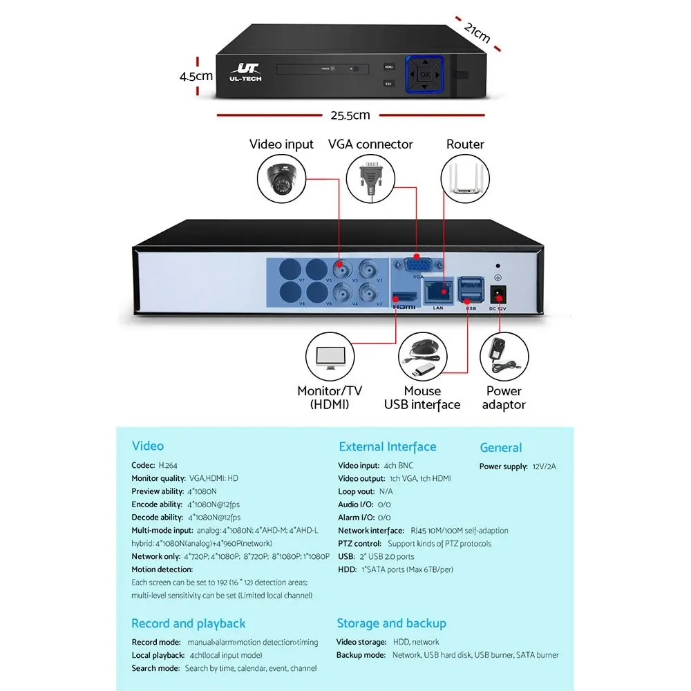 UL-tech CCTV Camera Security System 4CH DVR 4 Dome Cameras 1TB Hard Drive