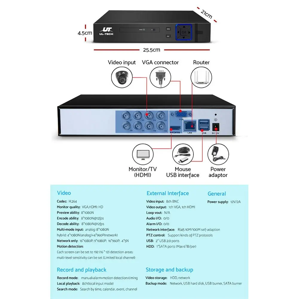 UL-tech CCTV Camera Security System 8CH DVR 8 Dome Cameras 1TB Hard Drive