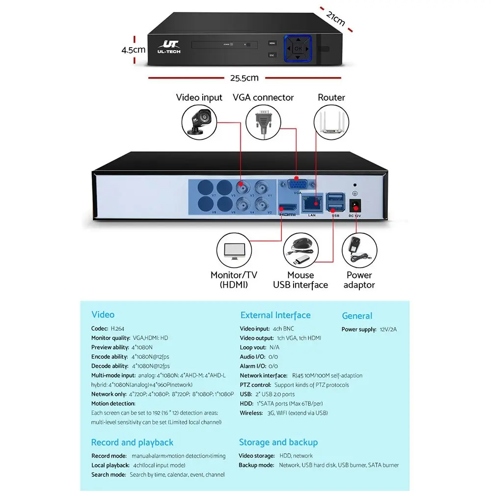 UL-tech CCTV Security System 4CH DVR 4 Cameras 1080p Outdoor Home