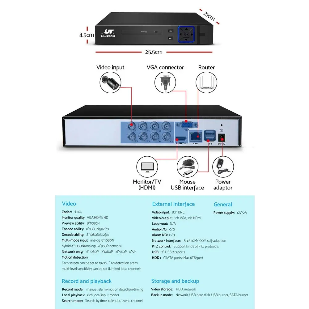 UL-tech CCTV Camera Security System 8CH DVR 4 Bullet Cameras 1TB Hard Drive