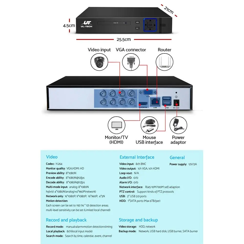 UL-tech CCTV Camera Security System 8CH DVR 4 Dome Cameras 1080P Outdoor Home